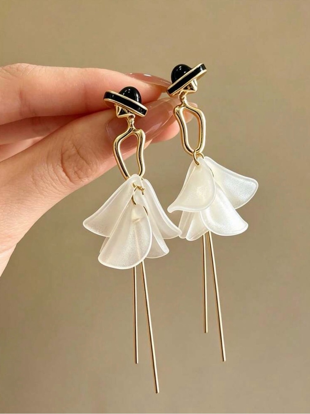 Gold Floral Drop Earrings with Black and White Accents